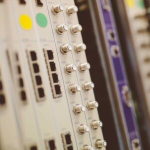 Hardware firewall appliance ports and connectors, close-up view.