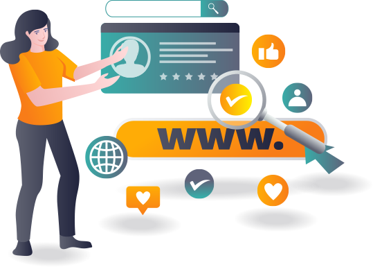 Woman optimizing a website domain with search and SEO tools.