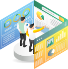 Two analysts review data dashboards with charts and graphs for domain analysis.