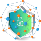 Security shield with padlock icon, surrounded by a network of connected nodes.