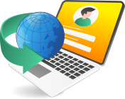 Globe rotating around a laptop with a user profile.